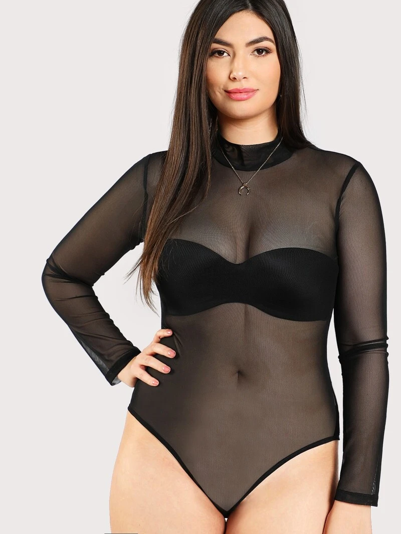 Spring Long Black SleeveStand Collar Neck Sleeve Bodysuit Mesh Mock Plus azq1CC