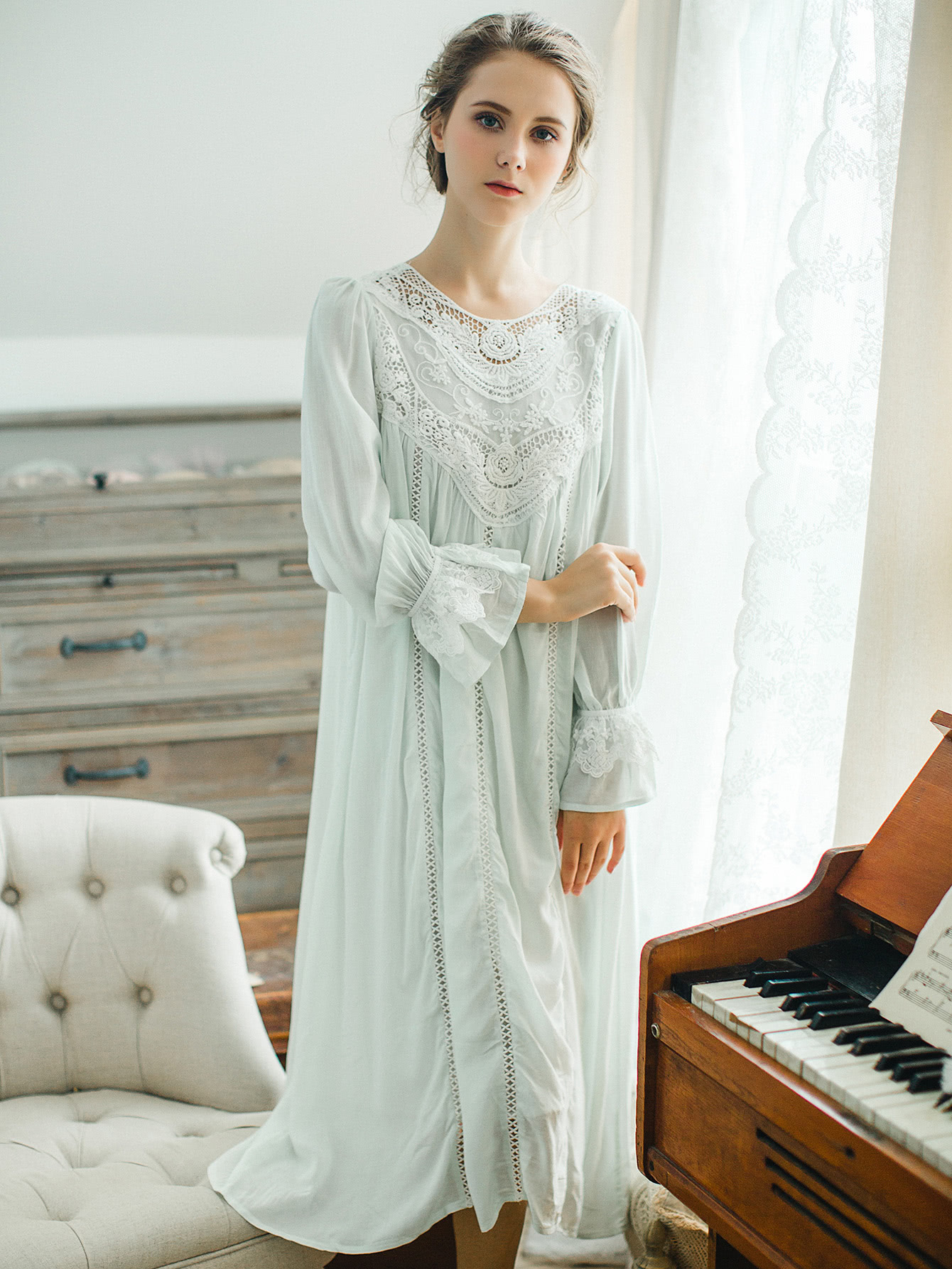 Crochet Lace Fluted Sleeve Nightgown SheIn(Sheinside)