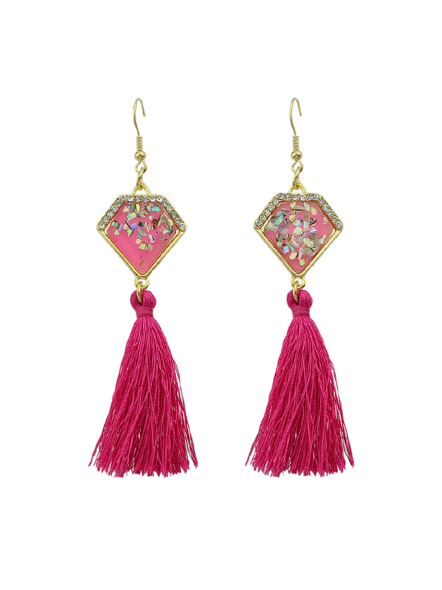 Hotpink Ethnic Boho Style Tassel Geometric Pattern Earrings