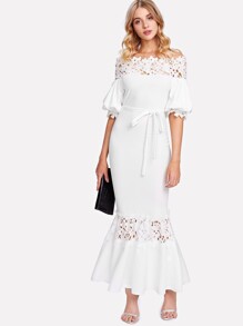 Guipure Lace Panel Self Belted Trumpet Dress
