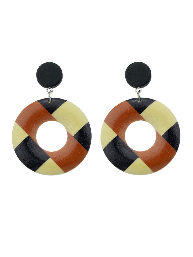 Box Vintage Style Wood Geometric Pattern Round Hanging Earrings