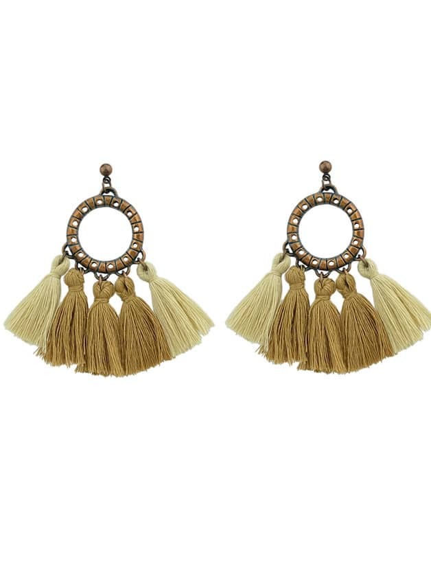 Khaki Boho Circle With Tassel Big Statement Earrings