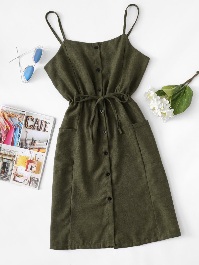 Single Breasted Drawstring Waist Pocket Side Dress