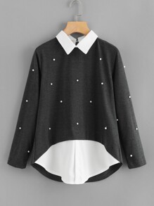 Contrast Collar 2 In 1 Pearl Beading Blouse