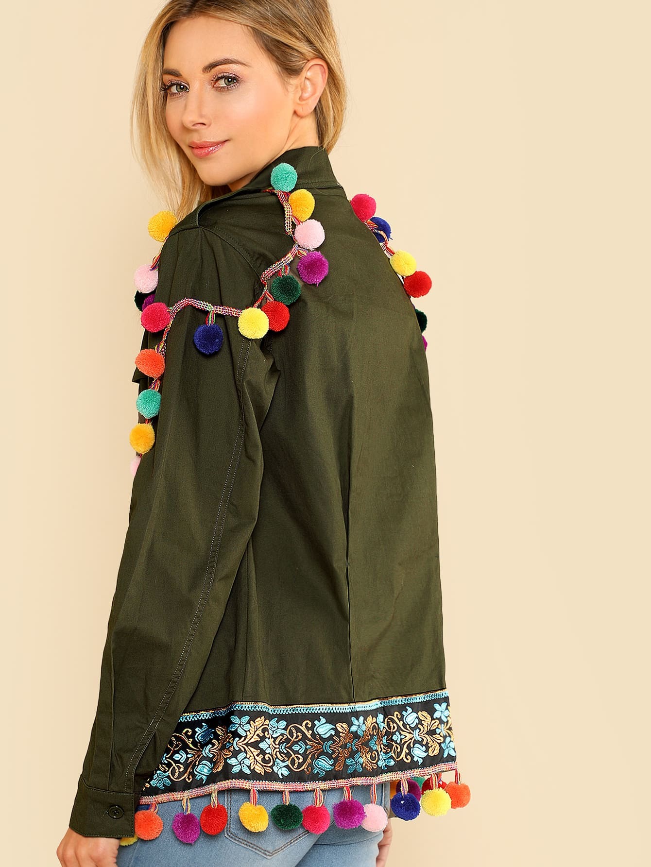 Jacquard Tape And Pom Pom Detail Utility Jacket SheIn(Sheinside)