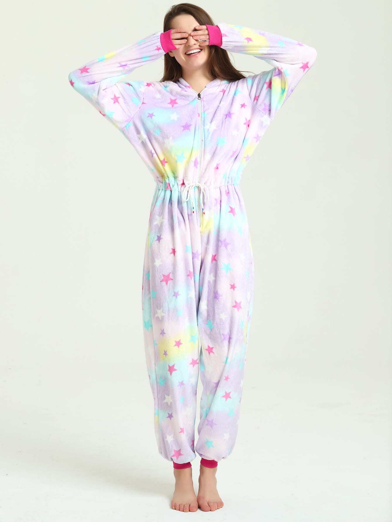 Star Print Drawstring Waist Unicorn Onesie SheIn(Sheinside)