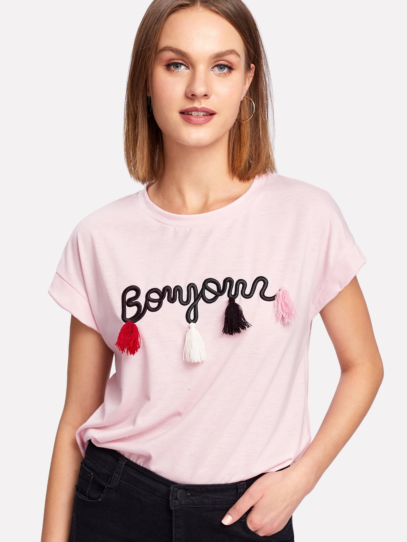 Tassel Detail Embroidery Dolman Top SheIn(Sheinside)