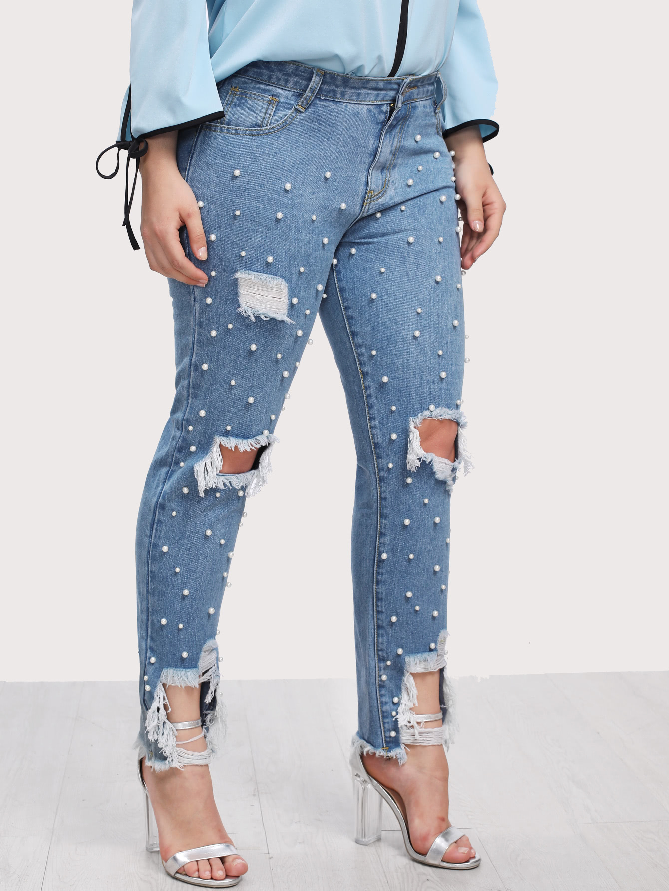 Plus Pearl Embellished Ripped Raw Hem Jeans SheIn(Sheinside)