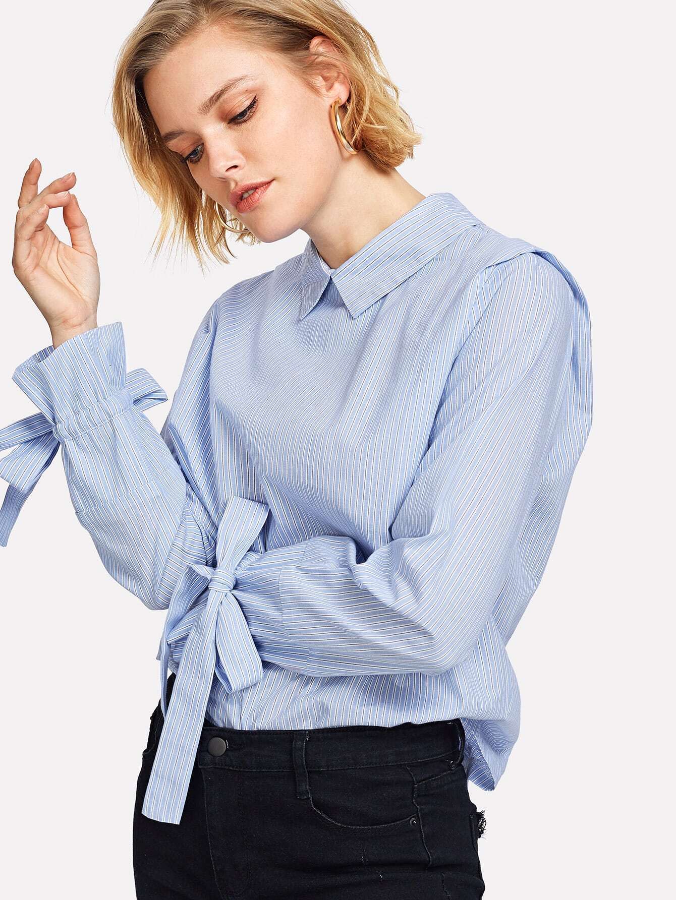 Bow Tie Bell Cuff Pinstripe Blouse SheIn(Sheinside)