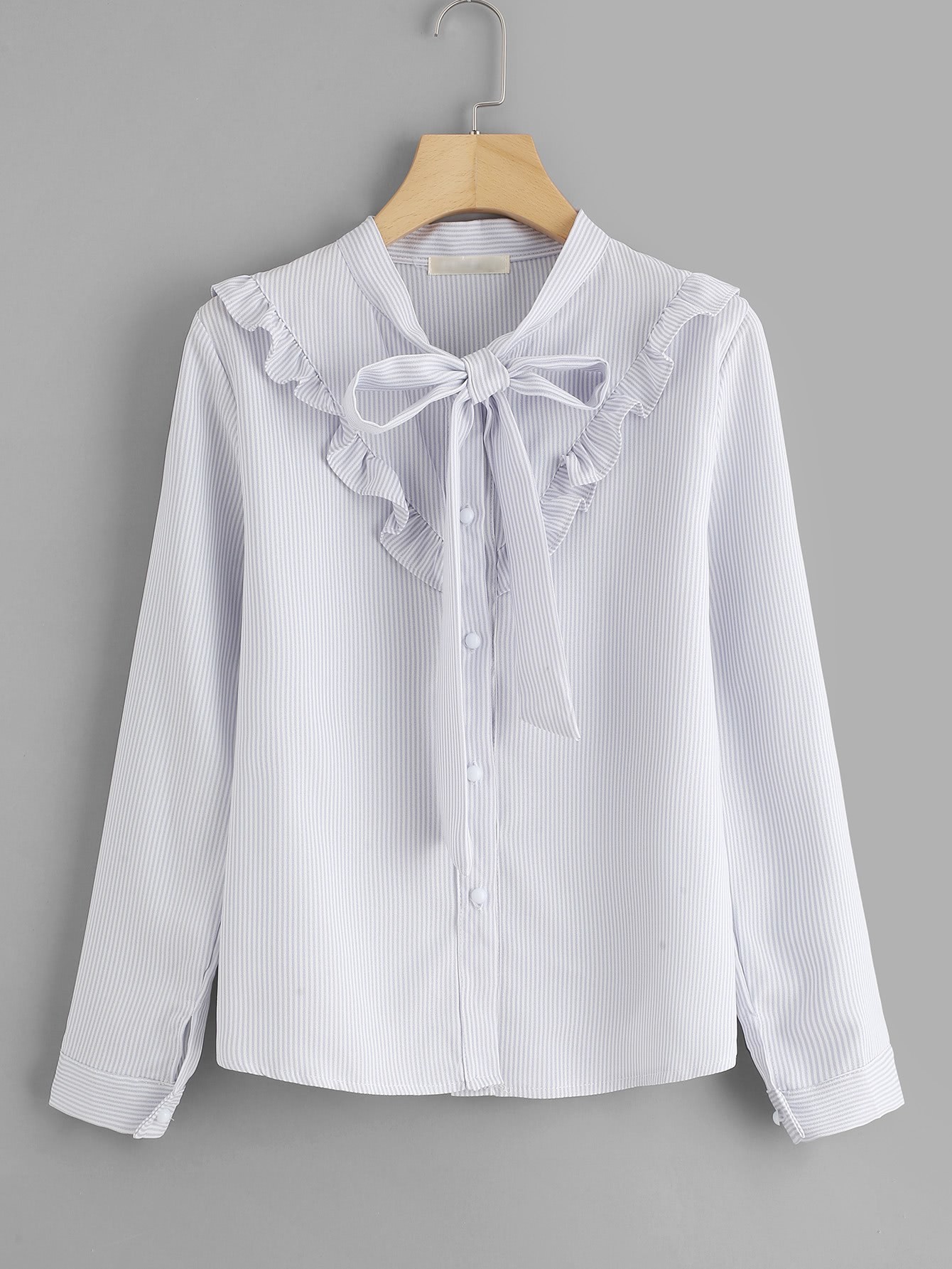 Frill Trim Tie Neck Pinstriped Shirt frill trim shirt