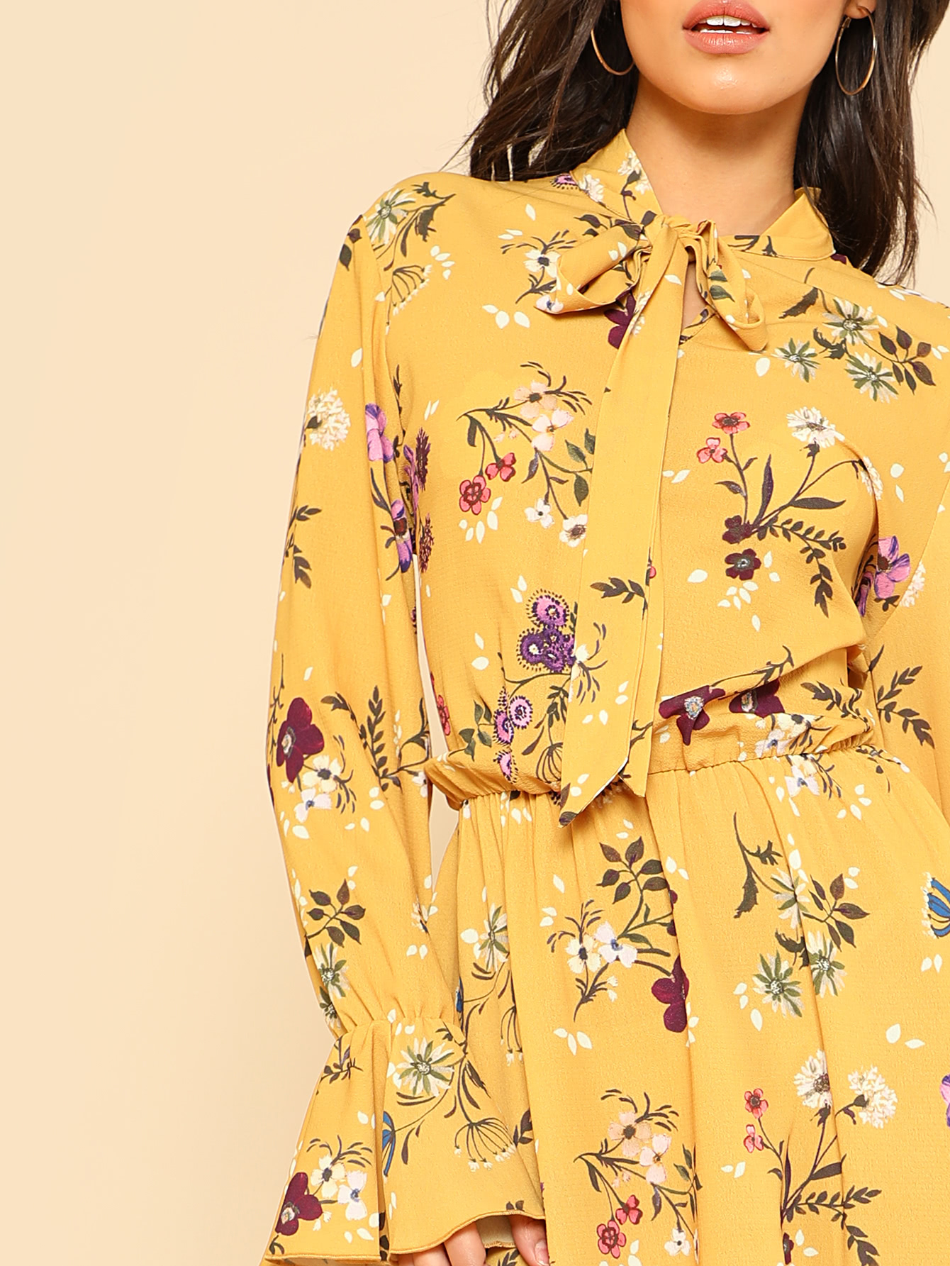 Tie Neck Elastic Waist Floral Dress SheIn(Sheinside)