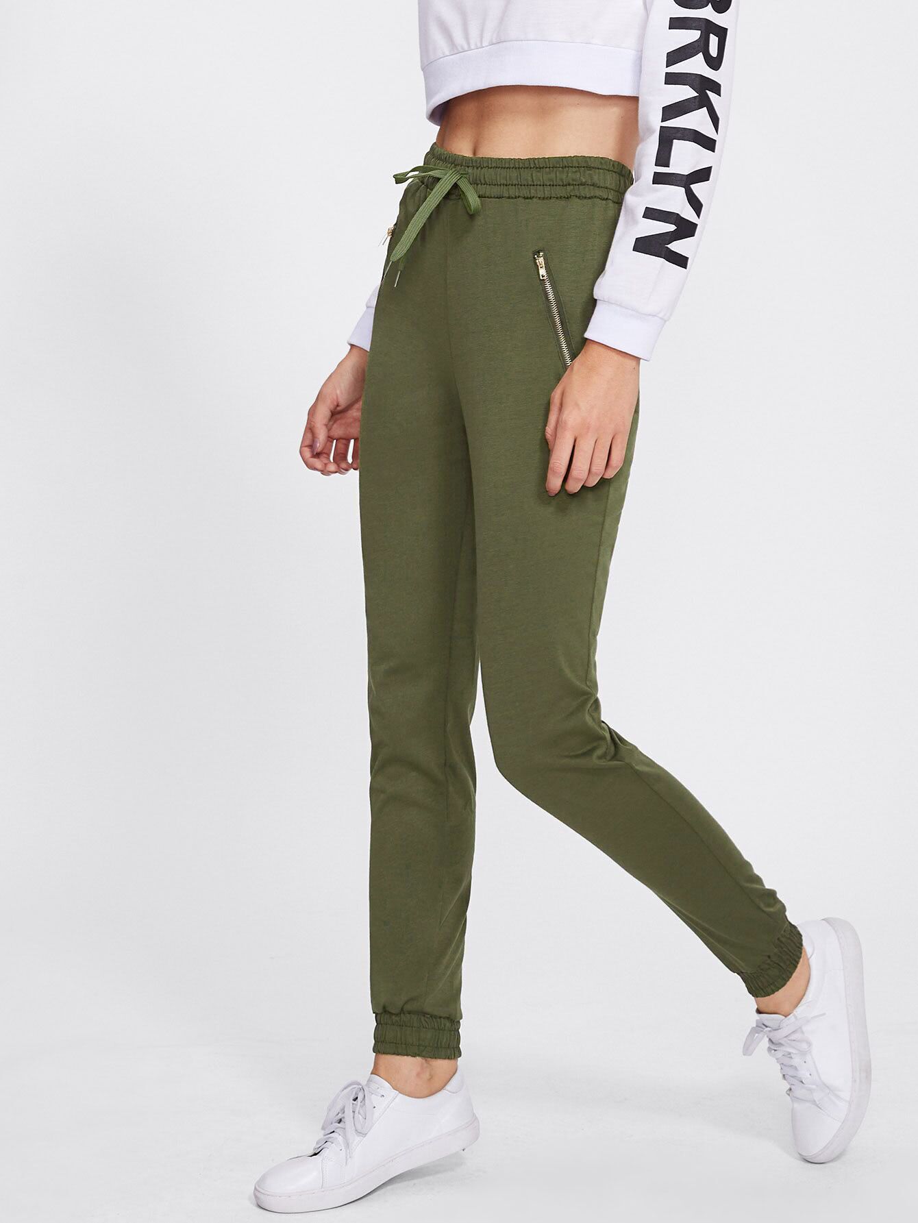 Elastic Hem Drawstring Waist Zip Detail Pants