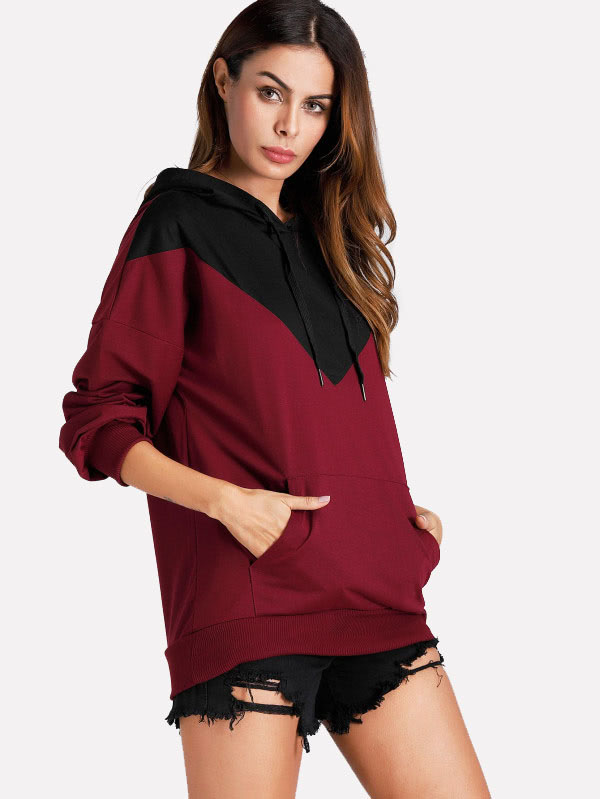 Kangaroo Pocket Color Block Hoodie plaid kangaroo pocket hoodie