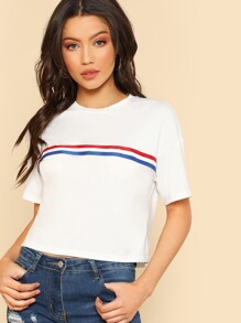 Striped Tape Detail Crop Tee