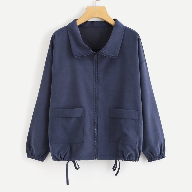 Dual Pocket Drawstring Hem Jacket, Navy blue 
Dual Pocket Drawstring Hem Jacket, Navy blue