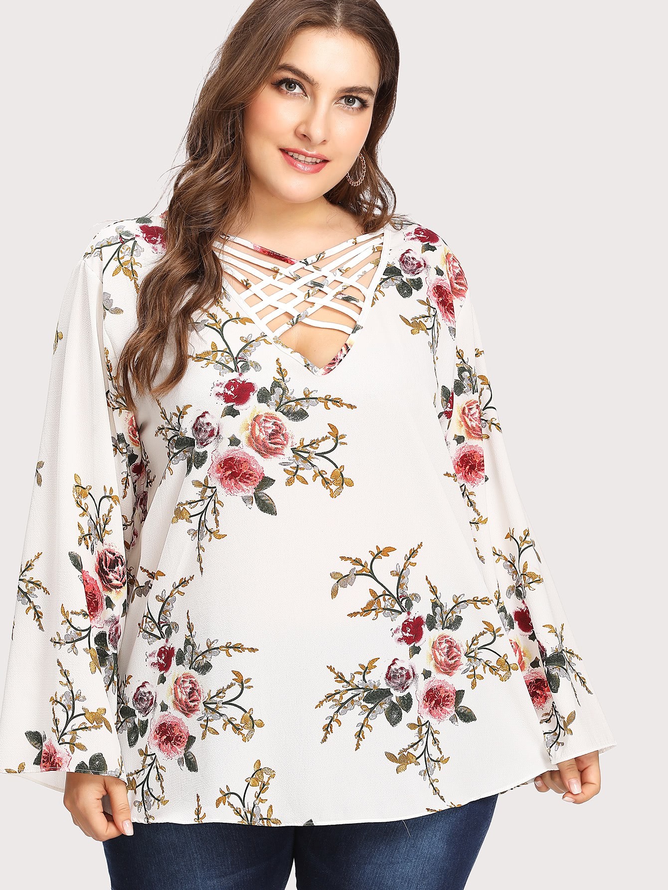 Plus Botanical Print Criss Cross Front Blouse