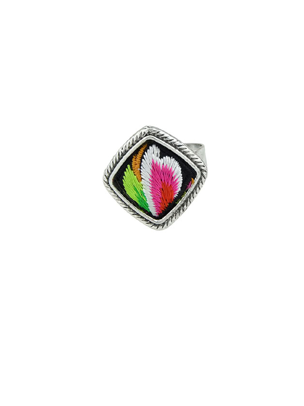 Red Handmade Embroidery Flower Pattern Square Boho Rings