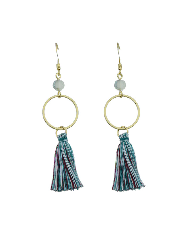G-Green Round Circle Shape With Colorful Long Tassel Drop Earrings