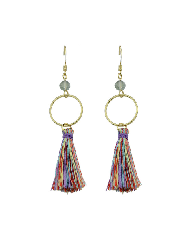 G-Colorful Round Circle Shape With Colorful Long Tassel Drop Earrings