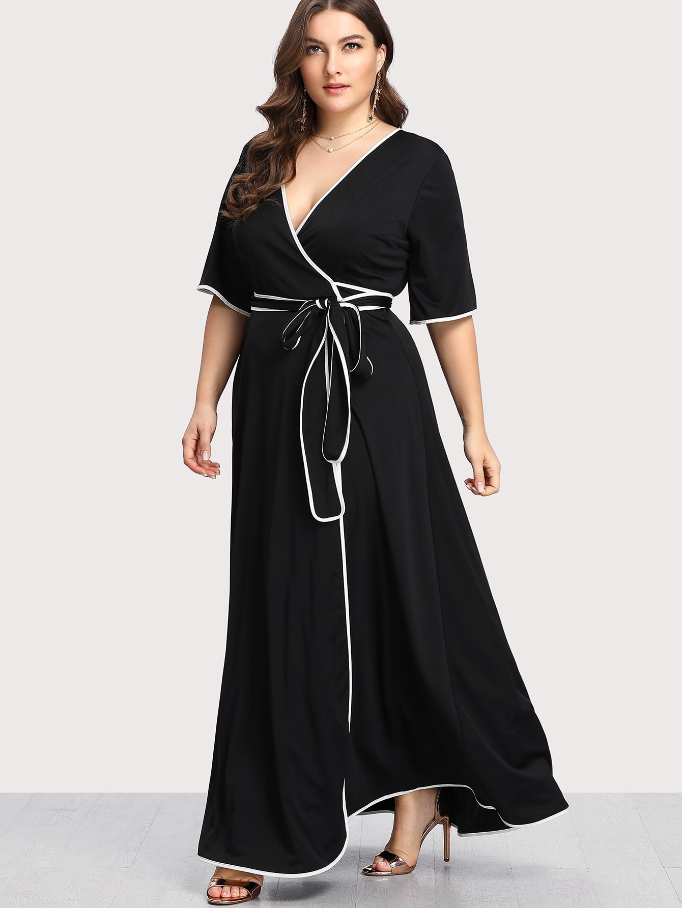 Plus Contrast Binding Self Belted Wrap Dress