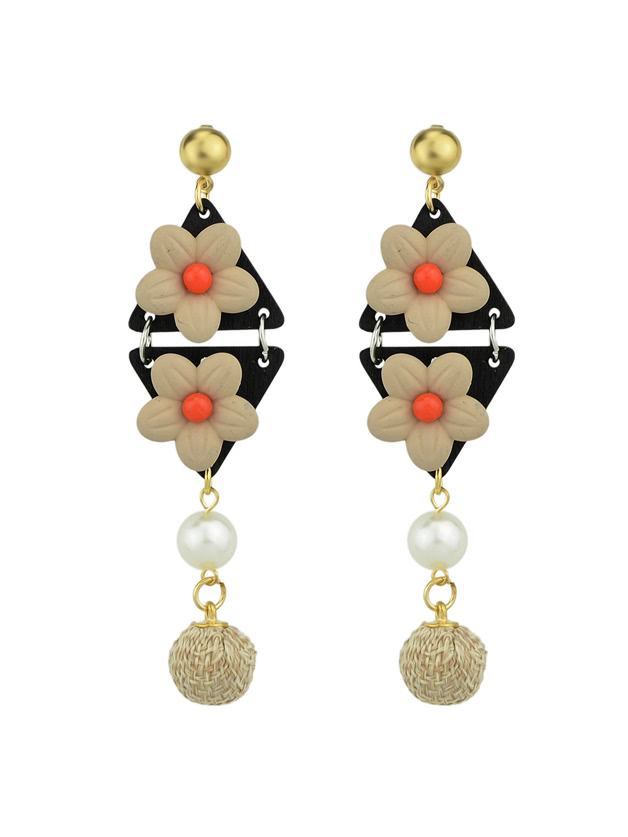 Beige Simulated-Pearl Colorful Flower Dangle Earrings