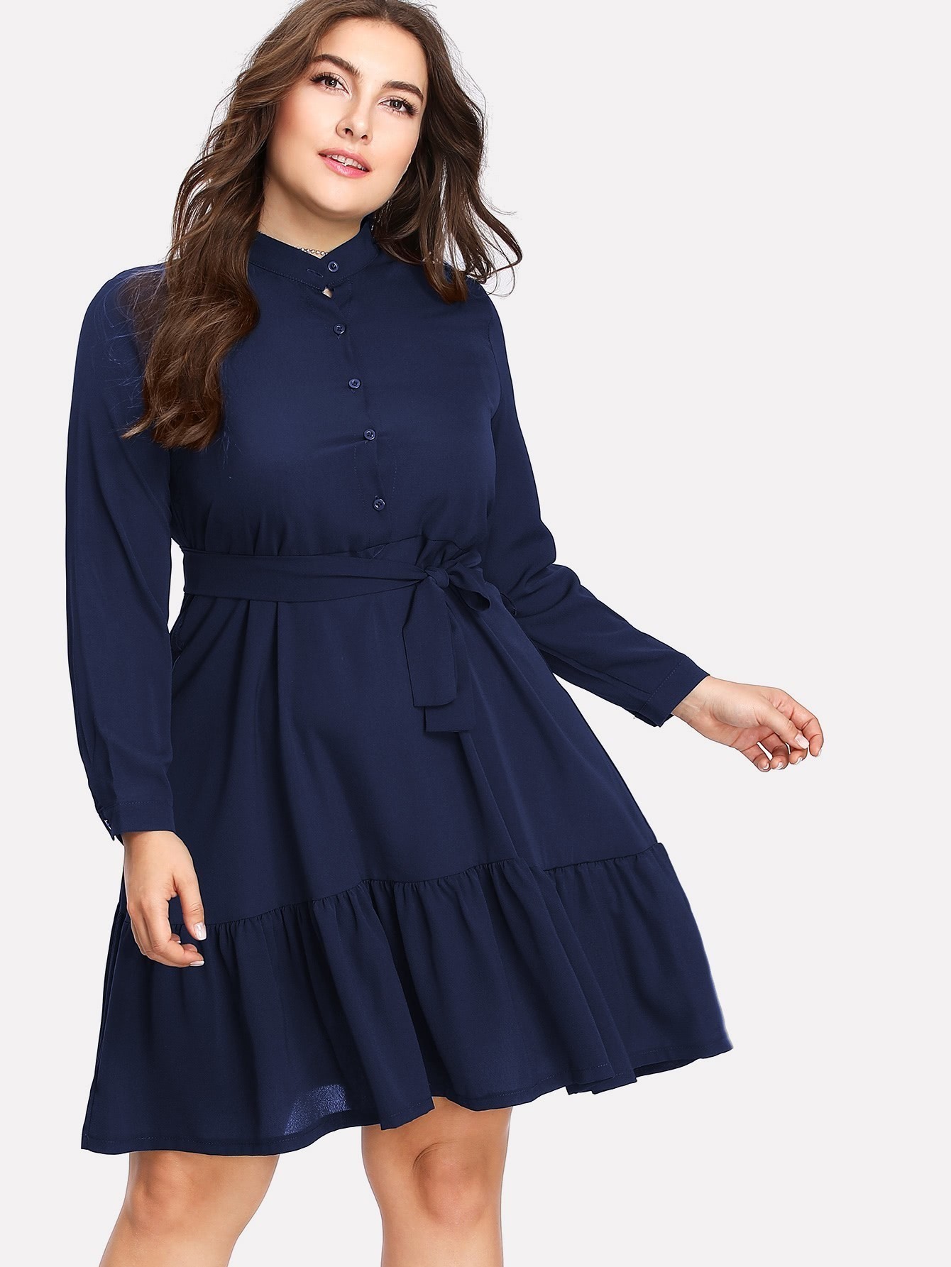Plus Button Front Ruffle Hem Tie Waist Shirt Dress