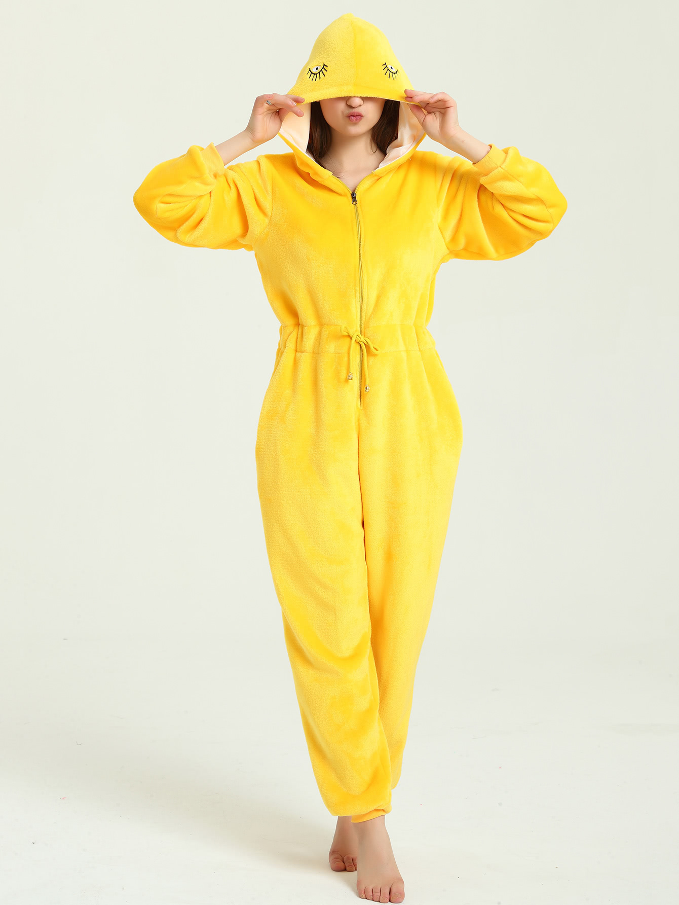 Drawstring Waist Hooded Fleece Onesie SheIn(Sheinside)