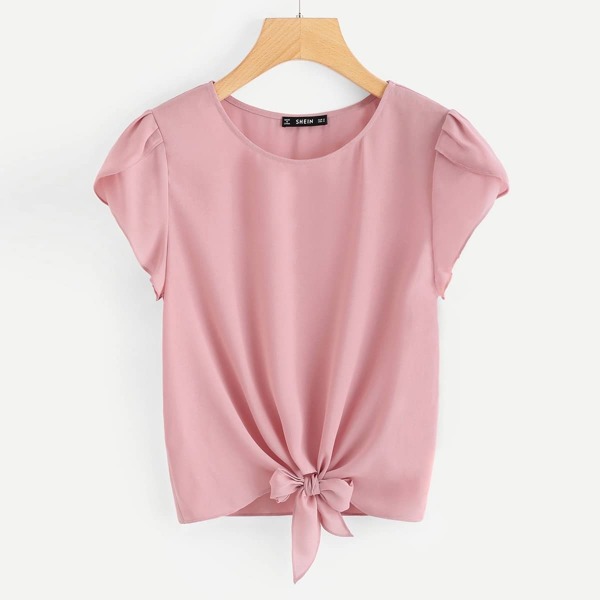 Petal Sleeve Knot Hem Solid Top 
Petal Sleeve Knot Hem Solid Top