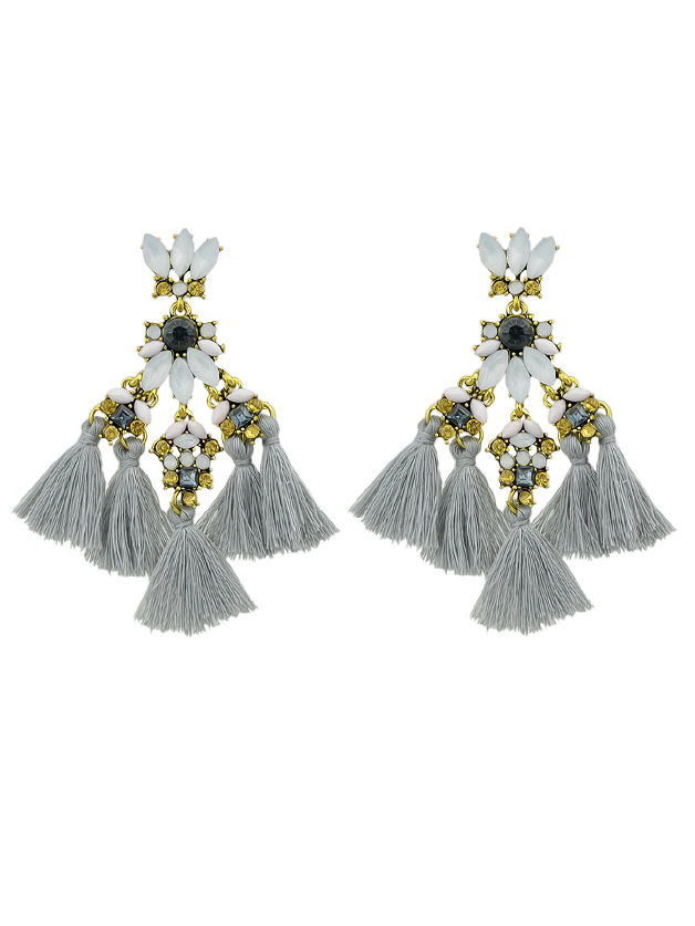 Gray Rhinestone And Colorful Tassel Big Geometric Chandeliers Earrings