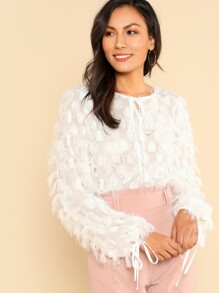 Knot Front Dot Jacquard Fringe Top
