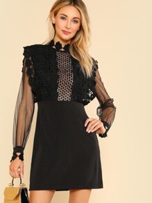 Guipure Lace Applique Mesh Bodice Dress