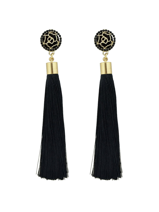 Black Ethnic Jewelry Flower Decoration Long Tassel Drop Earrings
