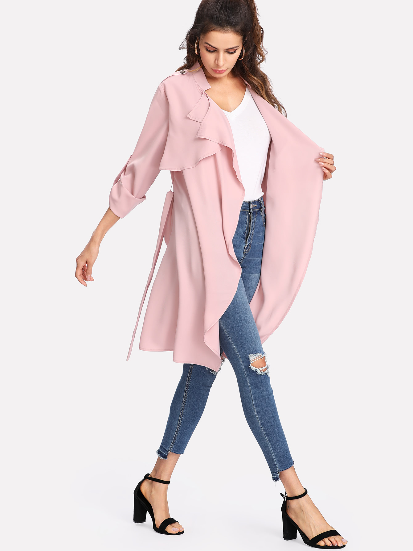Roll Tab Sleeve Flap Front Belted Coat SheIn(Sheinside)