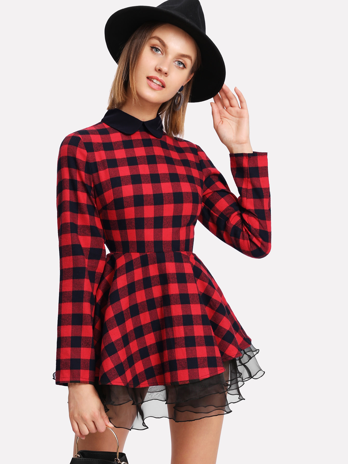 Ruffle Organza Trim Checked Fit & Flare Dress