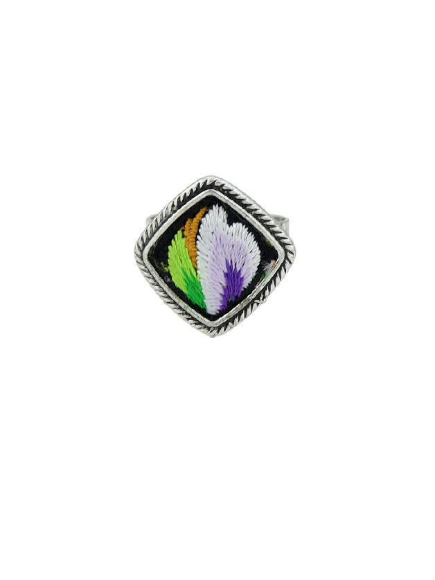 Purple Handmade Embroidery Flower Pattern Square Boho Rings