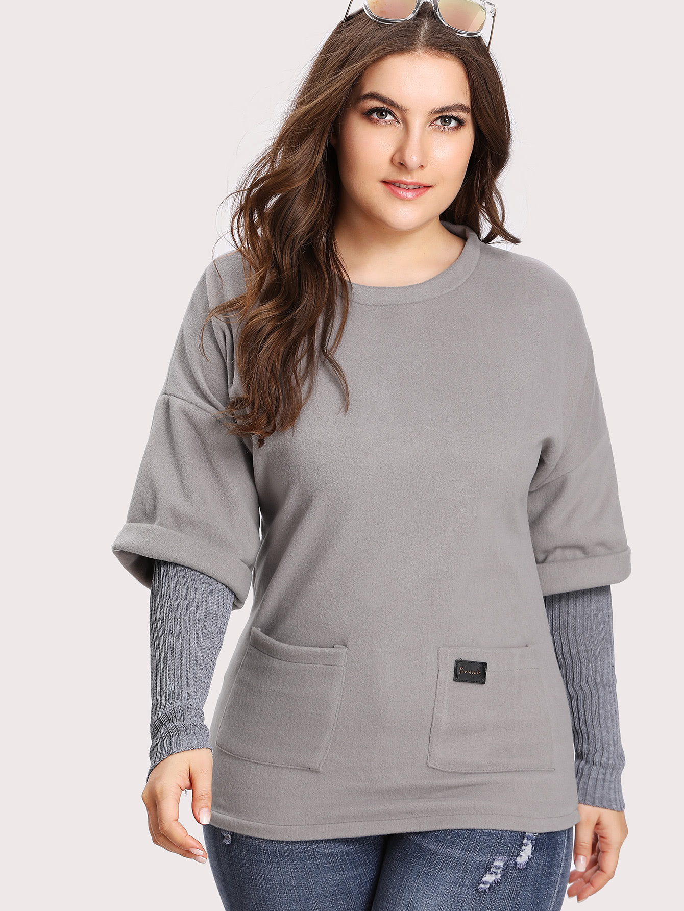 Plus Drop Shoulder Contrast Sleeve 2 In 1 Tee