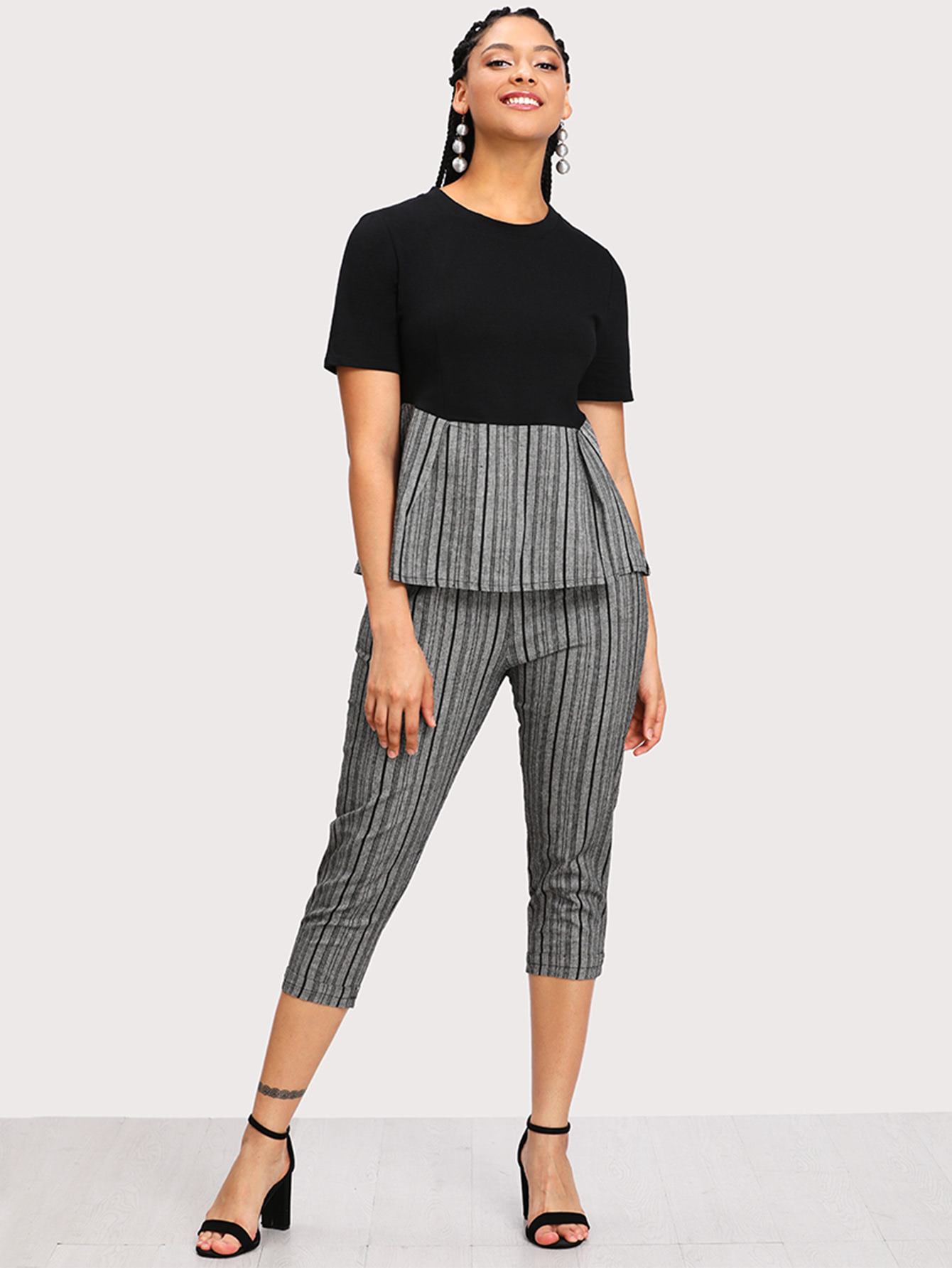 Plus Contrast Striped Hem Top With Cuffed Pants