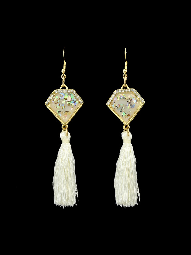 Beige Ethnic Boho Style Tassel Geometric Pattern Earrings