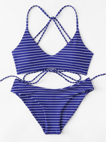 Striped Self Tie Bikini Set