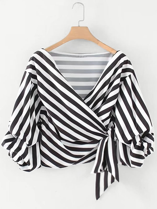 Ruched Sleeve Self Tie Surplice Striped Blouse