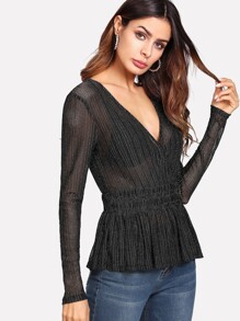 Ruffle Hem Glitter Mesh Peplum Top