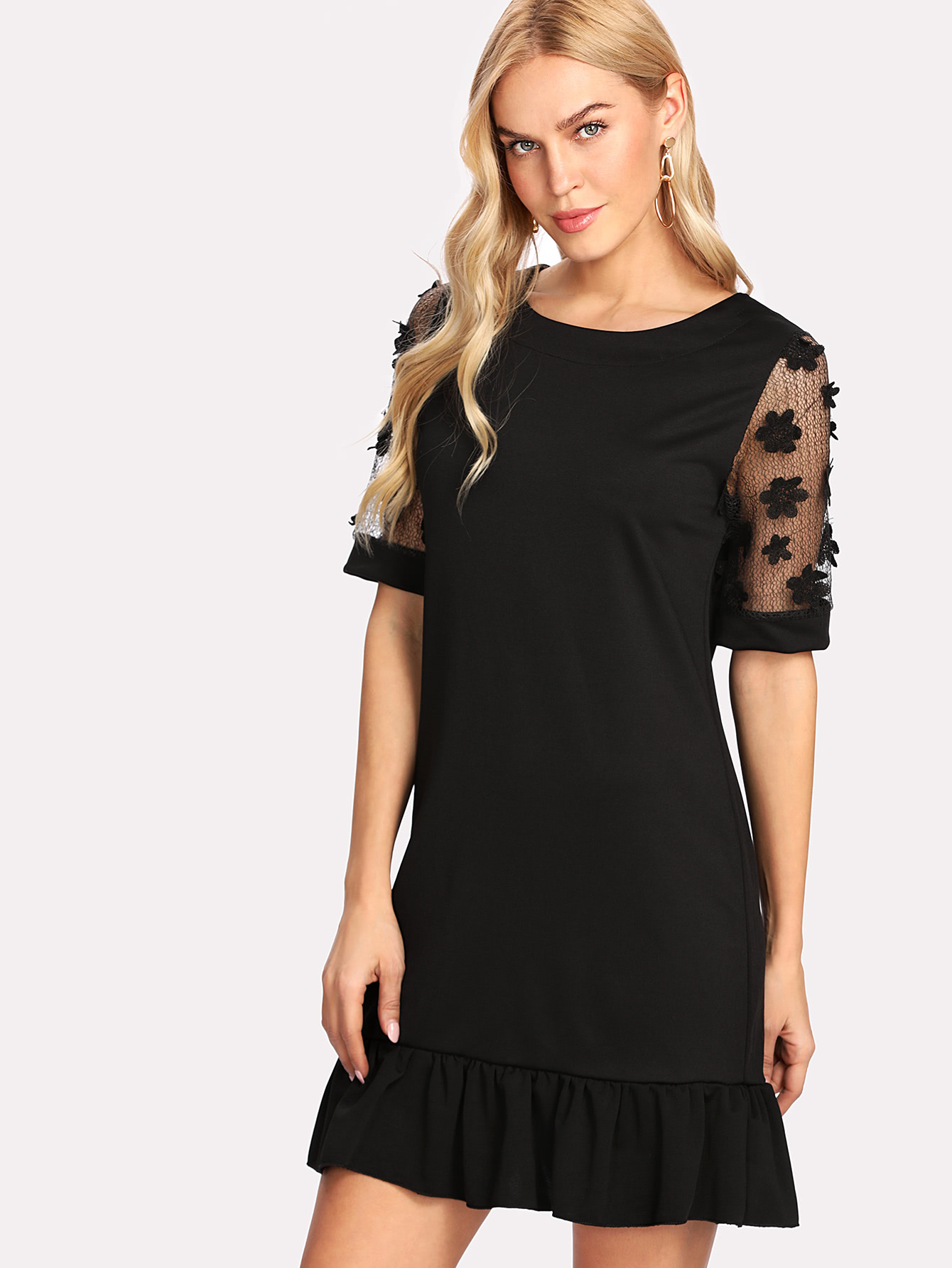 3D Appliques Mesh Sleeve Pep Hem Dress mesh insert jacquard pep hem top