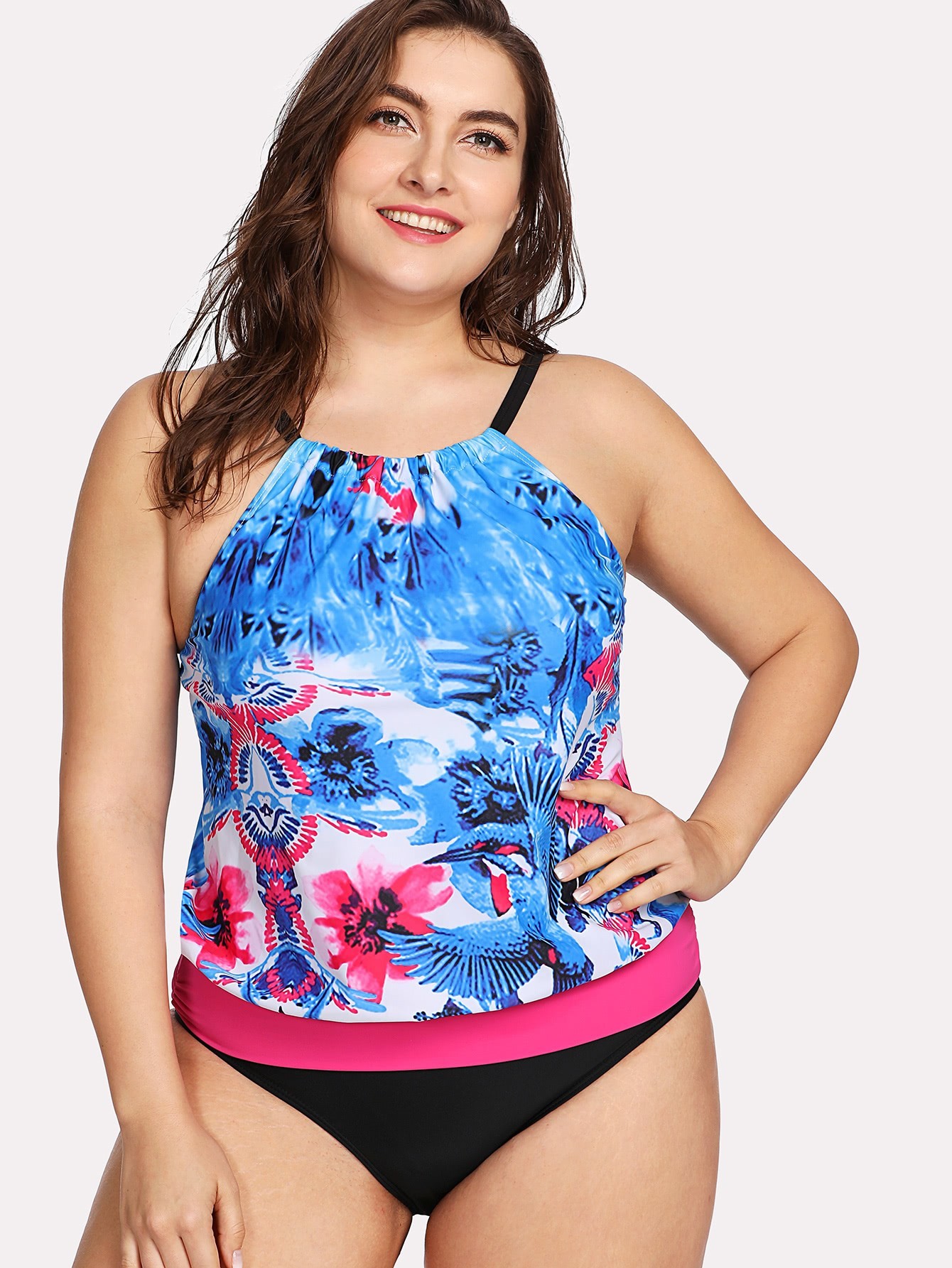 shein two tone tie front one piece swimwear