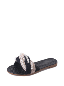 Faux Pearl Detail Woven Flat Sandals