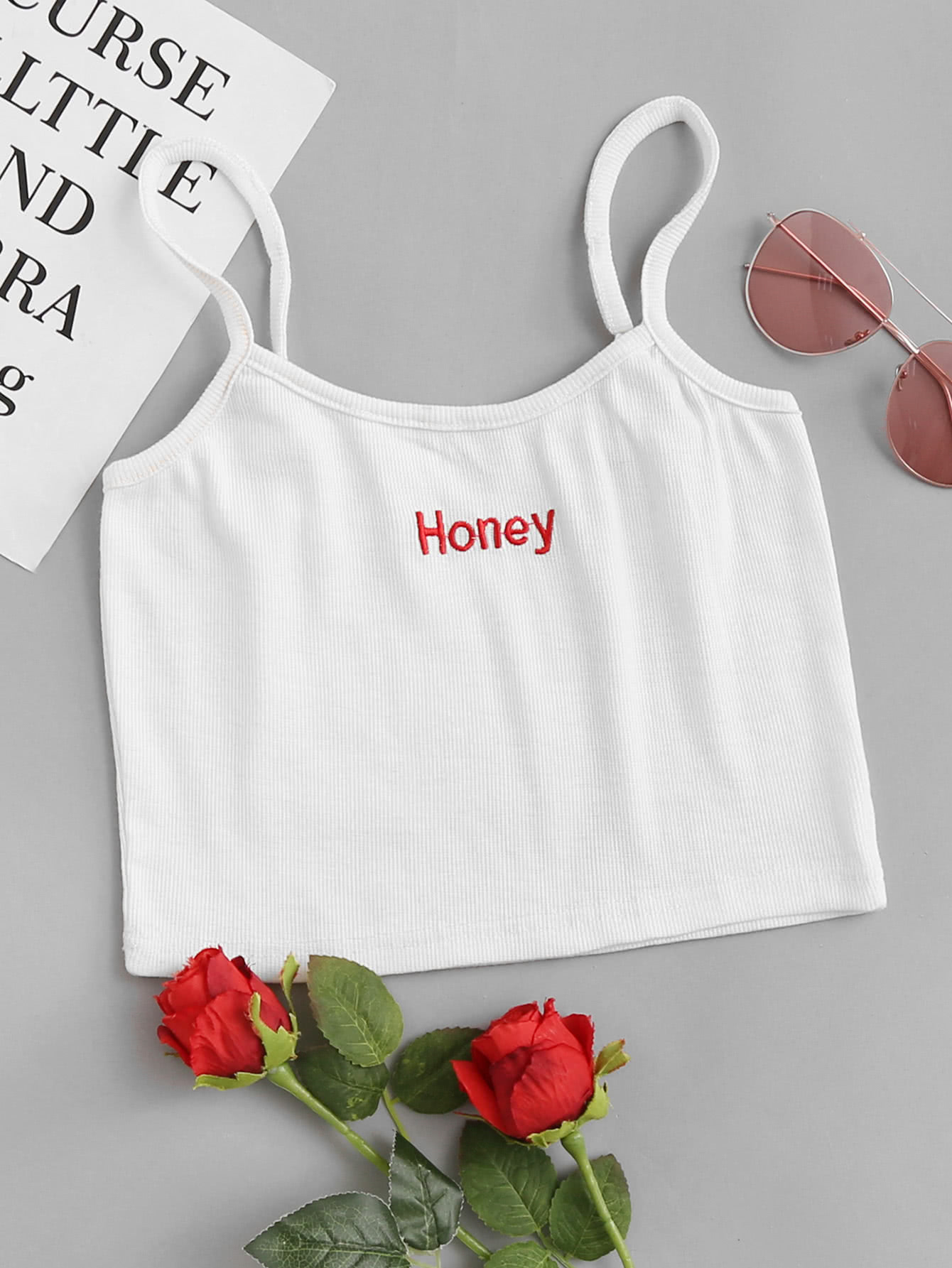 Honey Embroidered Crop Cami Top SheIn(Sheinside)