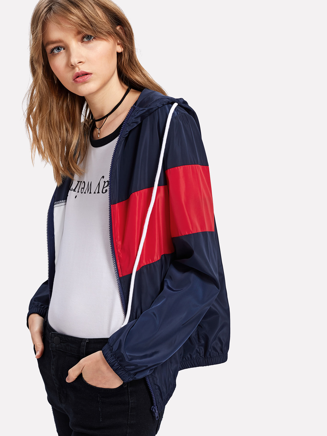 Cut And Sew Windbreaker Hooded Jacket SheIn(Sheinside)