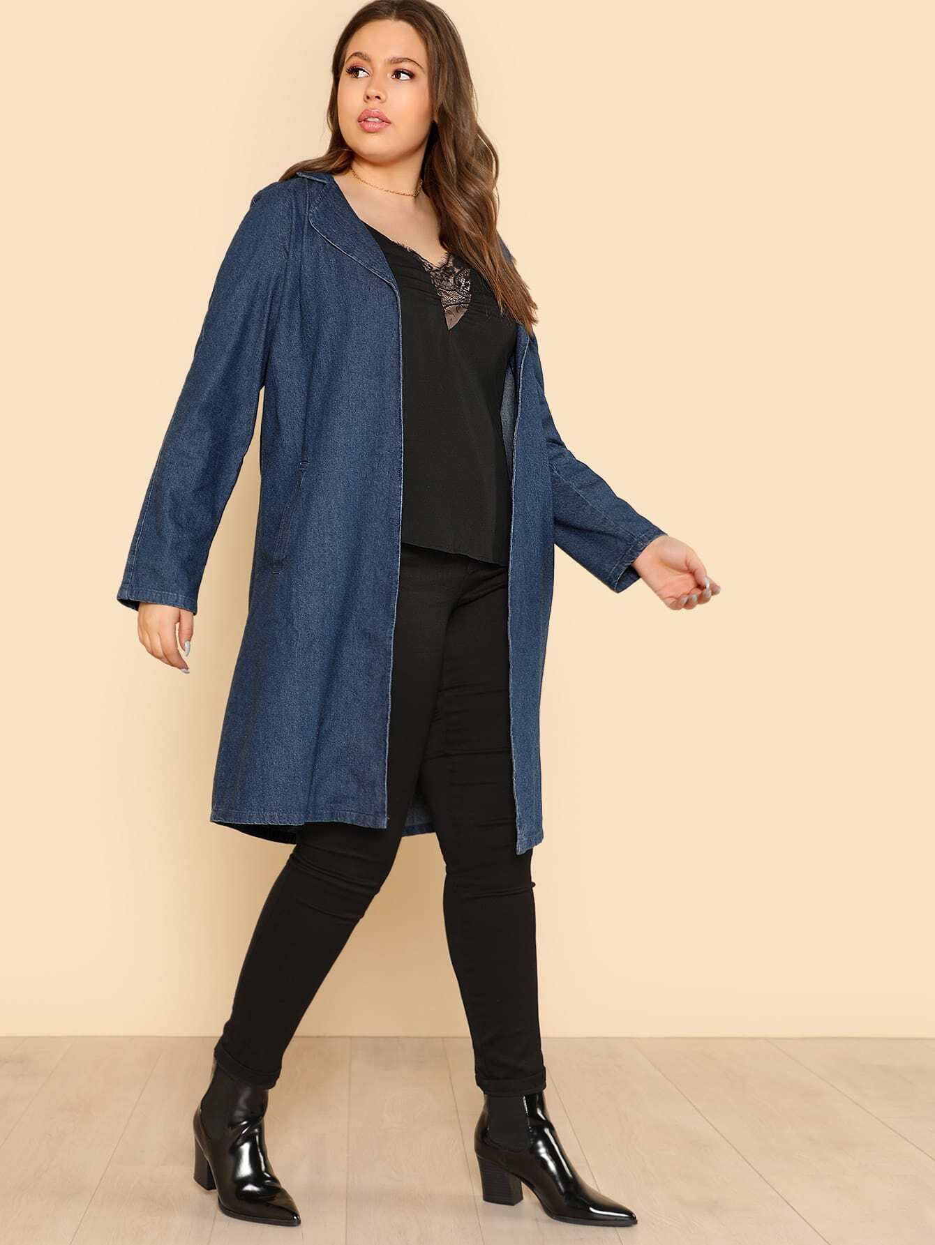 Denim Duster Coat With Pockets DARK DENIM SheIn(Sheinside)