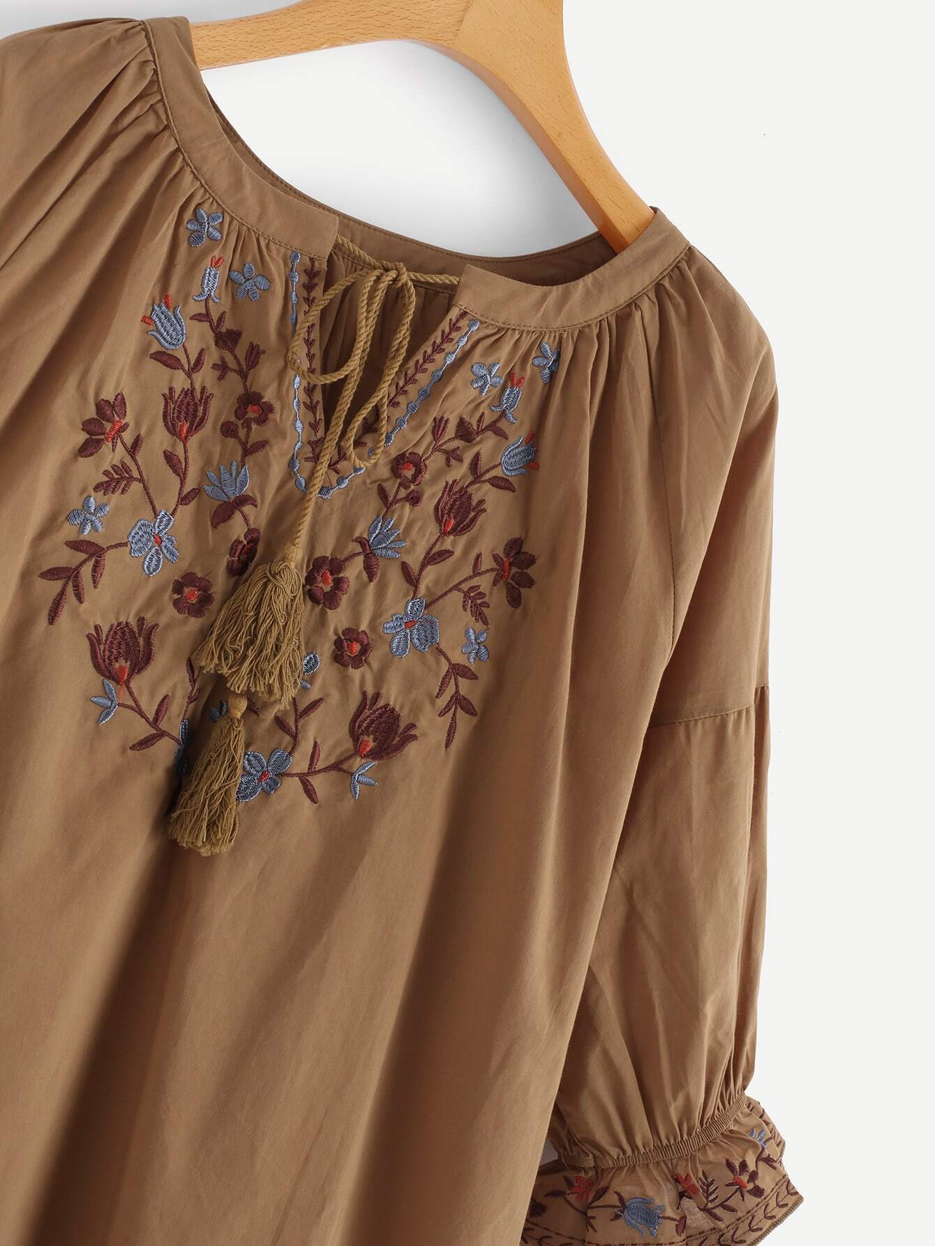 Tassel Tie Neck Embroidery Blouse SheIn(Sheinside)