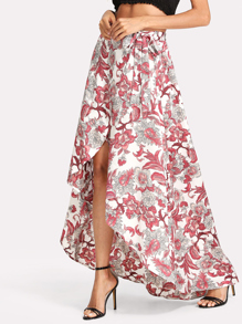 Floral Print Wrap Split Front Skirt