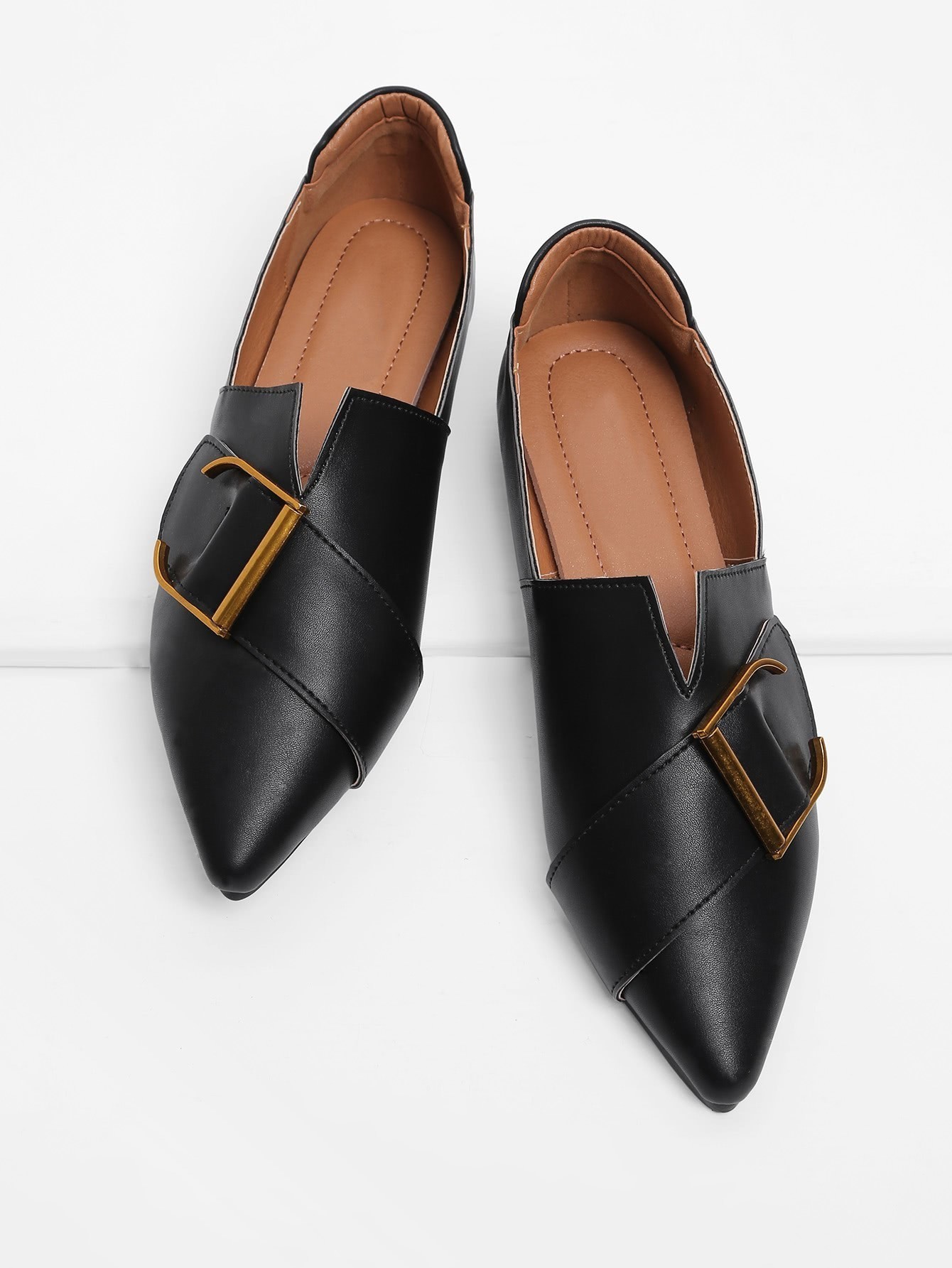 Buckle Front V Cut Detail PU Flats SheIn(Sheinside)